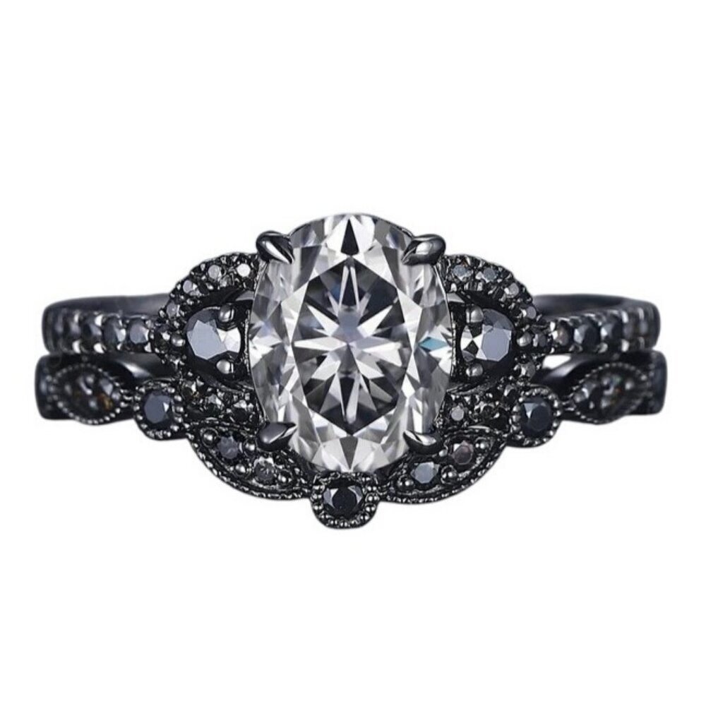 Oval Cut Gray Moissanite 2 pc Bridal Wedding engagement ring in Rhodium